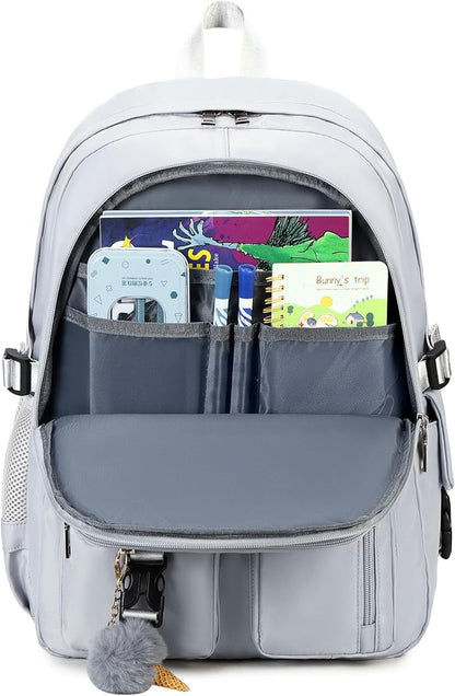 Girls Backpack Stylish Schoolbag Set for College or High Student Laptop Backpack for Women Grey