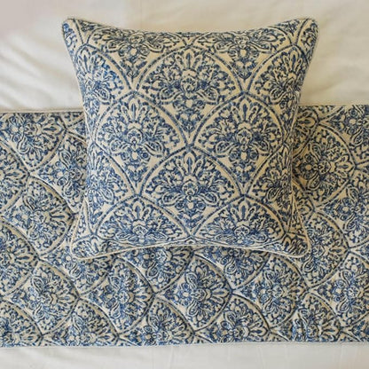 The HomeCentric King/Queen/Twin Blue Designer Queen 74"x18" Bed Runner with 2 Pillow Cover, Embroidery, Quilted Bed Scarf on Cotton Fabric - Farzeen Blue