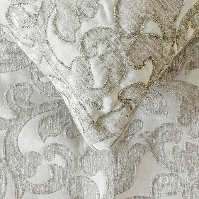The HomeCentric King/Queen/Twin Silver Luxury Twin 53"x18" Bed Runner Without Pillow Cover, Abstract, Floral, Bead Hand Embroidery Bed Scarf on Jacquard Fabric - Ethereal Silver