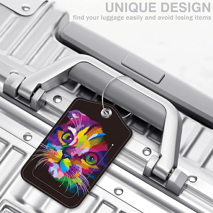 2 Pcs Cute Cat Luggage Tags for Suitcases PU Leather Colorful Art Kitten Animal Baggage Tags Name ID Label with Privacy Cover and Stainless Steel Loop for Men Women Travel Bag Suitcase