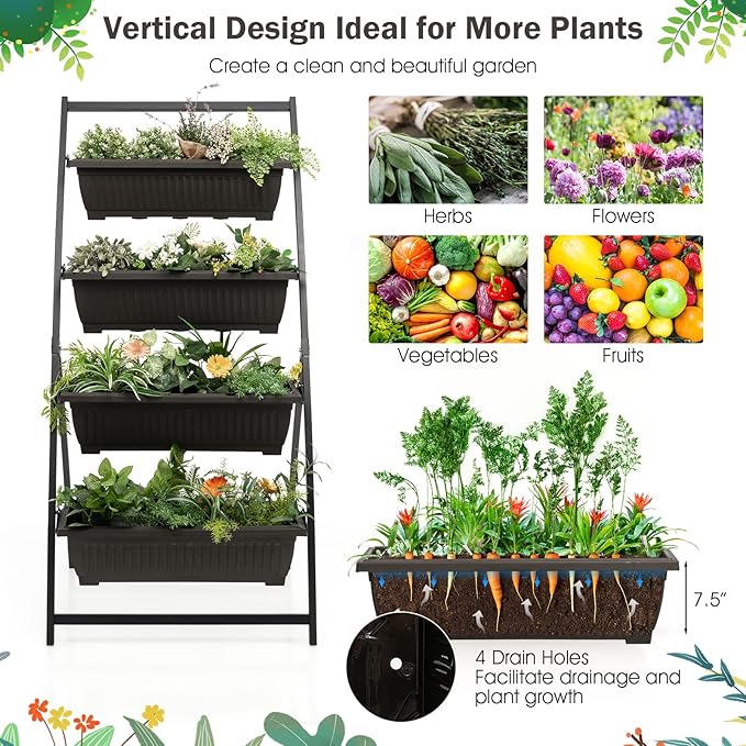 Giantex 2 Pcs 5.2FT Vertical Raised Garden Bed, 4-Tier Elevated Planter Box w/4