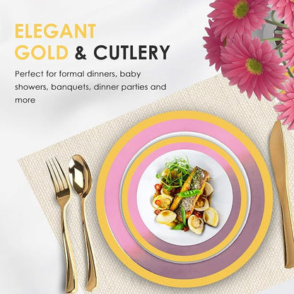 125-Piece White, and Gold Fancy Plastic Plates Disposable