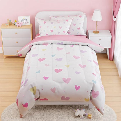 SANDJEST Heart Comforter Set Twin Size 68x86in for Kids Girls, Microfiber 3 Pcs Bedding Set Includes 1 Comforter, 1 Pillowcase, 1 Fitted Sheet, Nursery Room Decor