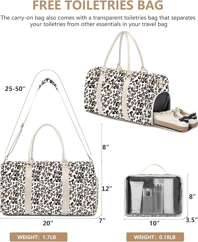 Women Duffle Weekender Travel Bag: Large Duffel Bags with Shoe Compartment Carry On Overnight Tote Bag with Wet Pocket Toiletry Bag Traveling Weekend Gym Yoga Hospital Bags for Womens Leopard