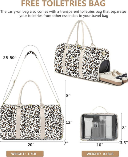 Women Duffle Weekender Travel Bag: Large Duffel Bags with Shoe Compartment Carry On Overnight Tote Bag with Wet Pocket Toiletry Bag Traveling Weekend Gym Yoga Hospital Bags for Womens Leopard