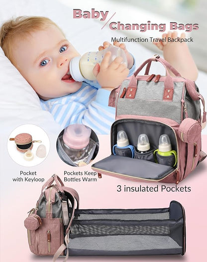 Diaper Bag with Changing Station, Waterproof 3 in 1 Baby Diaper Backpack with Foldable Changing Pad, Pink-Grey