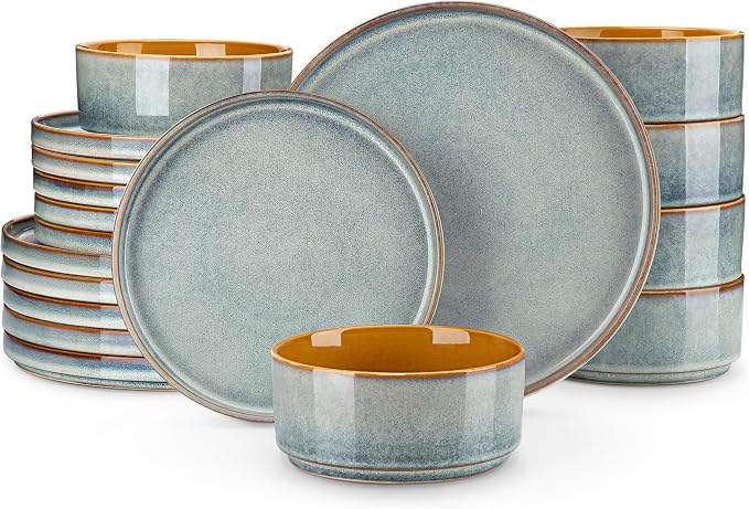 vancasso ONION Ceramic Plates and Bowls Sets, 18 Pieces Light Blue Dinnerware