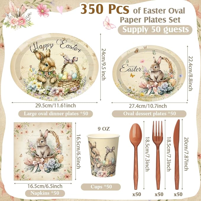 350 Pcs Easter Bunny Oval Paper Plates Set