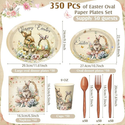 350 Pcs Easter Bunny Oval Paper Plates Set
