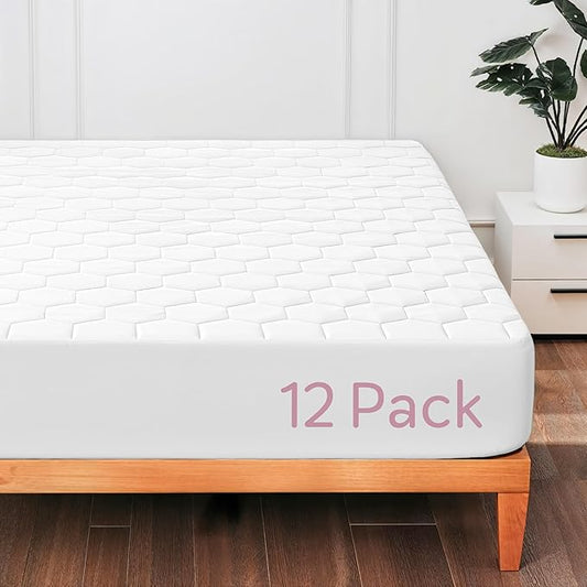Hearth & Harbor 12 Pack Queen Size Quilted Fitted Mattress Pad Cover, 100% Waterproof Mattress Protectors, Deep Pocket Fitted Mattress Cover 8" - 21" (60" x 80", White)