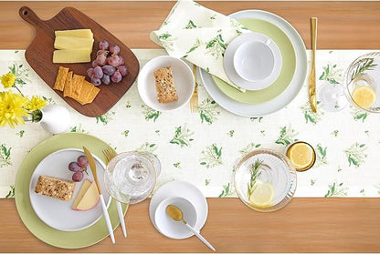 Solino Home Lily Floral Print Table Runner 108 Inches Long - 100% Pure Linen Table Runner 14 x 108 Inch - Lily of The Valley/Off White Print