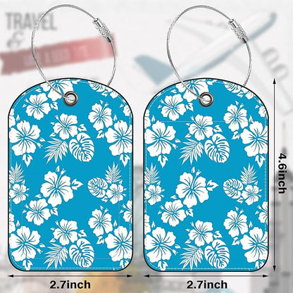 2 PCS Leather Luggage Tags for Suitcase Blue Hibiscus Travel Luggage Tag with Privacy Flap Name ID Label and Metal Loop for Travel Bag Suitcase