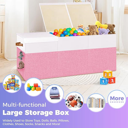 Extra Large Toy Storage Box with Lid, Collapsible Sturdy Toys Chest Storage Organizer Bin Basket with Divider for Kids, Boys, Girls, Closet, Playroom, Bedroom, Nursery, 40"X14"X16", Pink & White