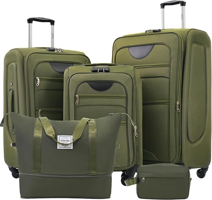 Merax Softside Luggage Set Softshell Lightweight 3 Piece Spinner Suitcase with Duffel Bag Expandable Upright Travel Luggage 22" 26" 30",Army Green