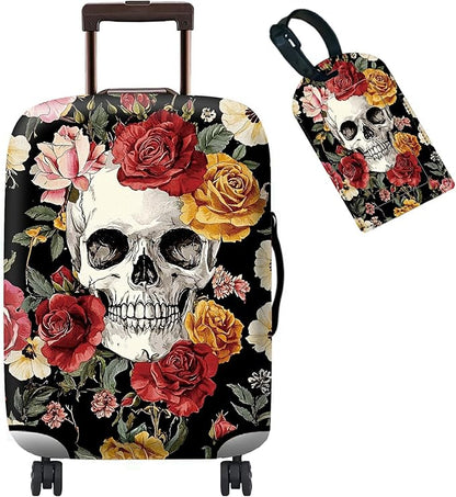 Luggage Cover Plus - Sugar Rose Skull Travel Suitcase Cover for 18-20 inch Luggage (S) with Concealed Zipper, Washable Elastic Cloth, Dustproof, Anti-Scratch