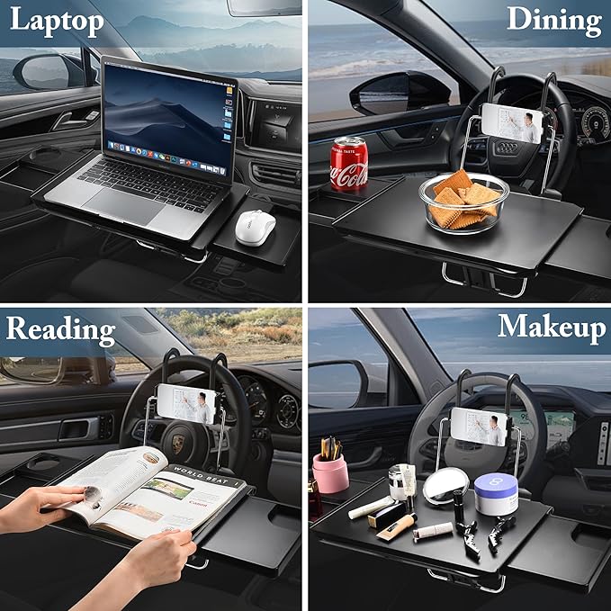 2-in-1 Car Steering Wheel Tray & Back Seat Table with Phone Holder – Height Adjustable Steering Wheel laptop desk, Food Tray , Writing Desk & Car Eating Tray - Car desk tray is Gift for Truck Driver