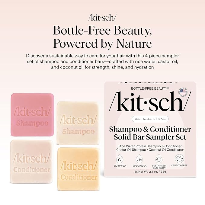 Kitsch Shampoo and Conditioner Set - 4pc Sampler Bars with Rice Water Shampoo and Conditioner, Castor Oil Shampoo & Coconut Oil Conditioner - Bottle-Free Beauty for Hair Growth, Repair & Moisture