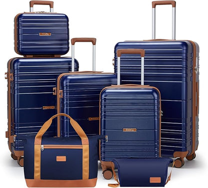 Luggage Sets with spinner wheels, PC+ABS Hard Shell Travel Luggage,Lightweight Carry-on suitcases with TSA Lock,YKK Zippers (Navy, 7 piece sets（14/18/20/24/28/DB/TB）)