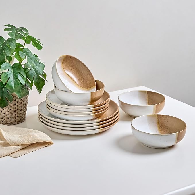 Sango 12 Pieces Stoneware Dinnerware Set, Glossy Caramel & Cream Dishes
