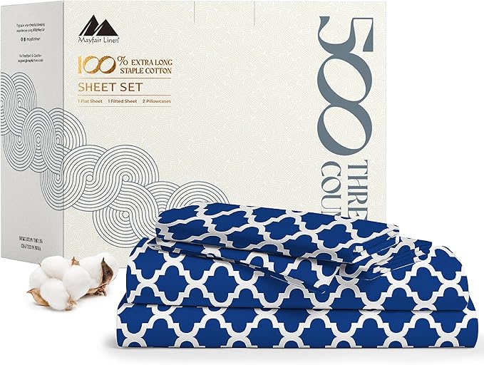 Mayfair Linen 100% Cotton Printed California King Cotton Sheets - 4 PC Cal King Size Bed Sheet Set Cotton (Quatrefoil Navy), Soft, Cooling, Sateen Weave 16" Deep Pocket Bedsheet (Fits 18" Mattress)