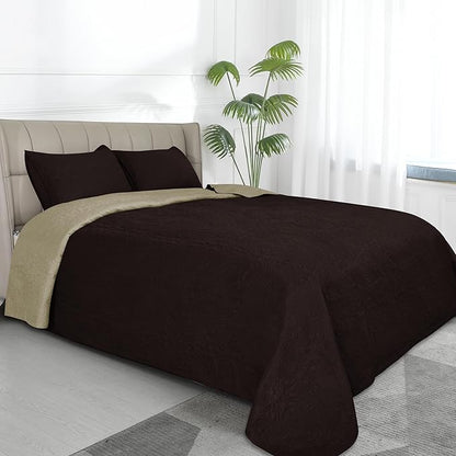 Easy-Going Full/Queen Size Reversible Quilt Set with 1 Quilt and 2 Pillow Shams, Soft Bed Quilt Cover, Water Resistant Lightweight Microfiber Bedspread, Stain Resistant, Damask-Chocolate/Beige