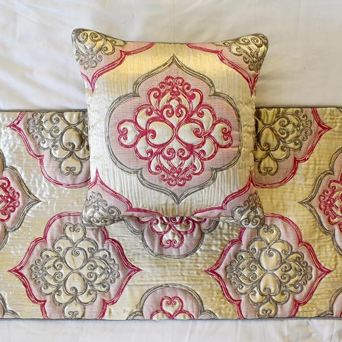 The HomeCentric King/Queen/Twin Pink Decorative Full 68"x18" Bed Runner Without Pillow Cover, Quilted & Damask Bed Scarf on Silk Fabric - Emre