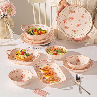 Ceramic Dinnerware Set, Floral Plates and Bowls Sets, Microwave & Dishwasher