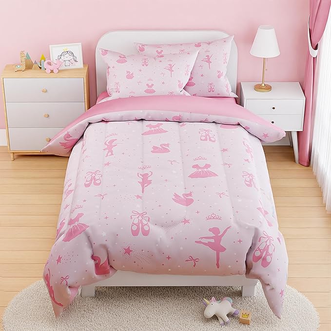 SANDJEST Ballerina Comforter Set Twin Size 68x86in for Kids Girls, Microfiber 3 Pcs Bedding Set Includes 1 Comforter, 1 Pillowcase, 1 Fitted Sheet, Nursery Room Decor
