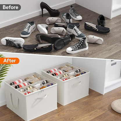 Lifewit Shoe Storage Organizer for Closet, Fits 12-16 Pairs, Large Shoe Box Storage Containers with Clear Cover and Reinforced Handles,Foldable Storage Bins Fits for Boots Heels Sneakers,3 Pack White