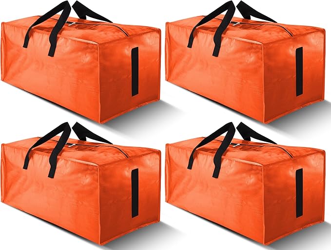 4 Pack Large Strong Moving Bags with Zippers & Carrying Handles - Water-Resistant - Heavy Duty Storage Tote for Space Saving, Fold Flat, Alternative to Moving Box (Orange)