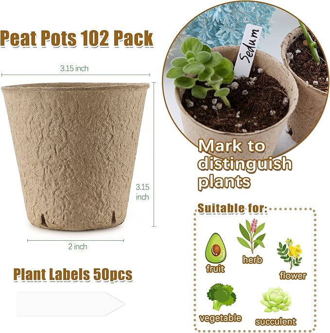 Peat Pots, 102 Pack 3.15 Inch Biodegradable Planting Peat Pots