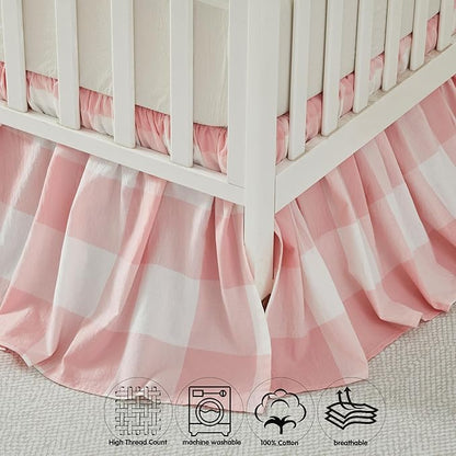 Brandream Gingham Gathered Crib Skirt, Baby Boy, Baby Girl, Gender Neutral Crib Skirt, 100% Cotton, 4-Sided, Light Pink Plaid Gingham Toddler Bedskirt Farmhouse Chic Nursery Crib Bed Skirt Dust Ruffle