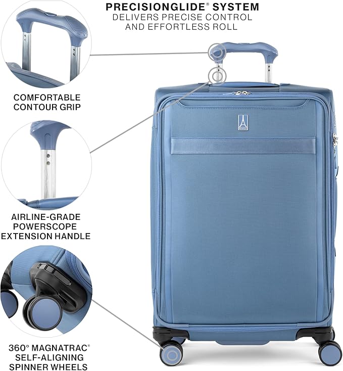 Travelpro VersaPack+ Lightweight Softside Expandable Checked Luggage, 8 Spinner Suitcase, TSA Lock, Men and Women, Checked Medium 25-Inch, Elemental Blue