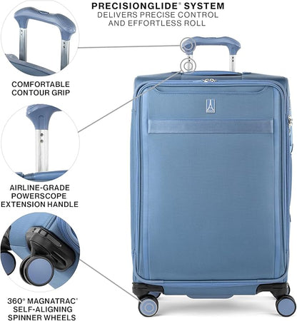Travelpro VersaPack+ Lightweight Softside Expandable Checked Luggage, 8 Spinner Suitcase, TSA Lock, Men and Women, Checked Medium 25-Inch, Elemental Blue