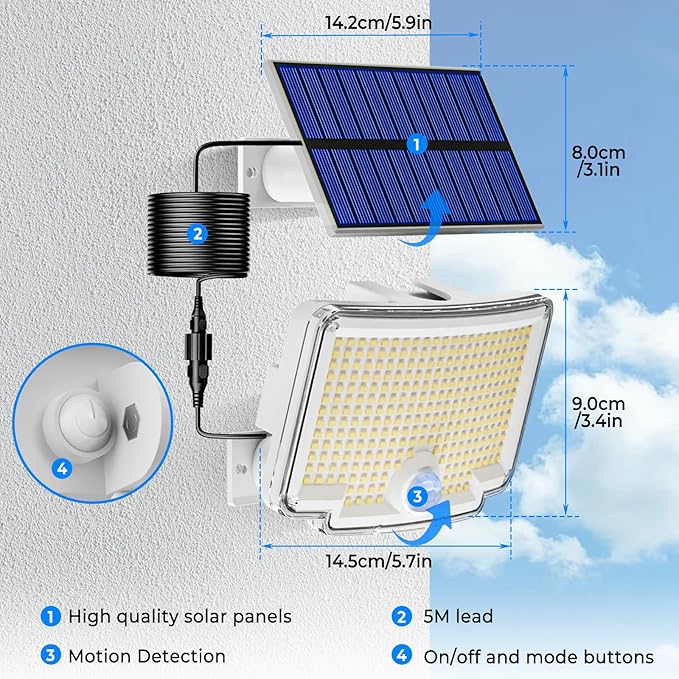 Peasur 2 Pack Solar Motion Lights Outdoor, 318 LED Solar Security Light