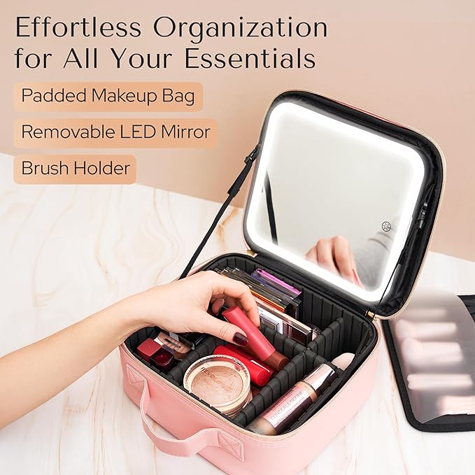 Makeup Bag with LED Mirror – Travel Cosmetic Organizer with Lighted Mirror, Adjustable Dividers & Brush Holder Storage – Portable PU Leather Makeup Case for Women & Girls - Pink