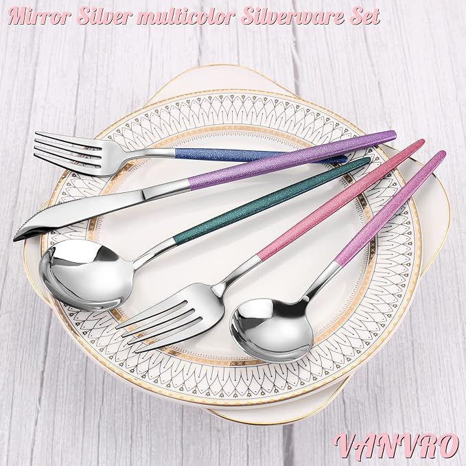 VANVRO Mirror Silver multicolor Silverware Set, 20-Piece Stainless Steel