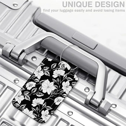 2 Pack Luggage Tags for Suitcases Black Flowers and Leaves Leather Luggage Tags Privacy Cover ID Label with Stainless Steel Loop and Address Card for Women Men Travel Bag Backpack