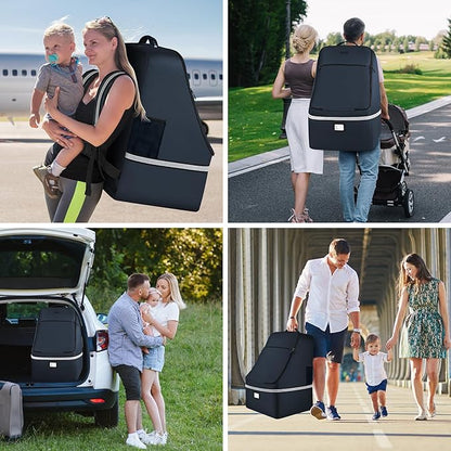 Car Seat Travel Bag - Padded Car Seat Carrier with Steel Cable Handle and Reflective Stripes, Large Durable Airport Gate Check Bag, Blue