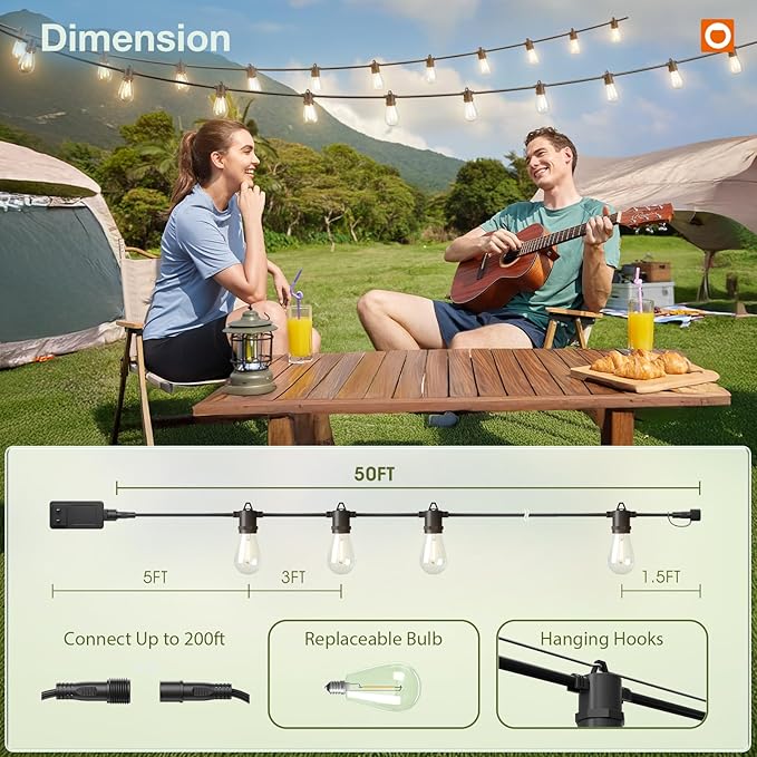addlon 50FT LED Outdoor String Lights, Remote Dimmable Patio Lights