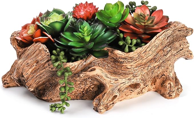 Tebery Artificial Driftwood Stump Log Planter Vintage Cactus Container