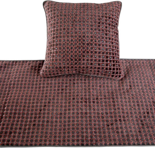 The HomeCentric Grey Bed Runner, Queen Size 74"x18" Decorative Bed Runner with 2 Matching Pillow Cover, Peach & Grey Velvet Bed Scarf in Sequins Embroidery - Ditto Dots