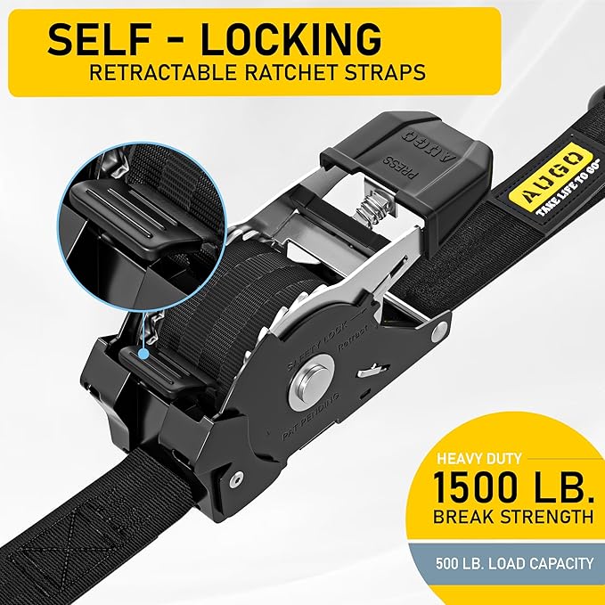AUGO Self-Locking Retractable Ratchet Straps | 4 Heavy Duty Self-Tensioning Retractable Tie Down Straps with Soft Loops & Storage Bag | for Motorcycle, Truck, Cargo | 1500Lb Break Strength 1” x 12’
