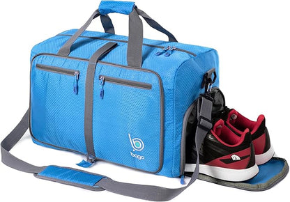Bago Foldable Duffel Bags for Traveling Women & Men - 40L Sports Packable Duffle Bag for Travel with Shoe Compartment - Water Repellant, Heavy Duty, Lightweight Folding & Collapsible (Blue)