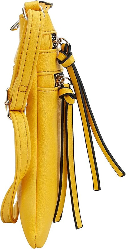 DELUXITY | Crossbody Purse Bag | Functional Multi Pocket Double Zipper Purse | Adjustable Strap | Medium Size Purse | Yellow