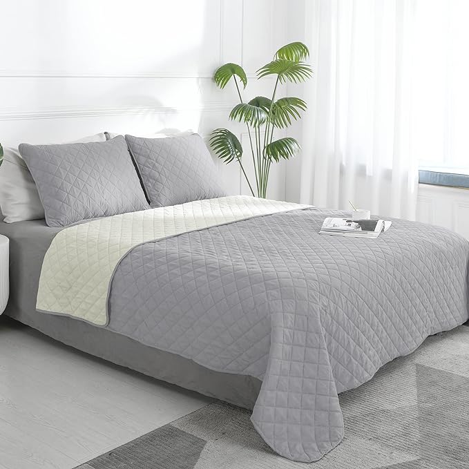 Easy-Going Twin Size Reversible Quilt Set with 1 Quilt and 1 Pillow Shams, Soft Bed Quilt Cover, Water Resistant Lightweight Microfiber Bedspread, Stain Resistant, Light Gray/Ivory