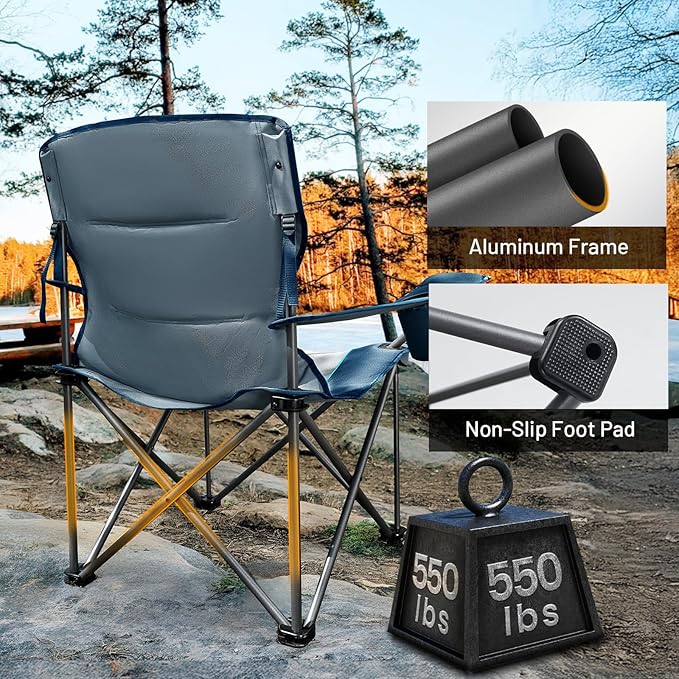 TIMBER RIDGE Oversized Folding Camping Chair Support 550 LBS, Heavy Duty Portable Chairs with Cup Holder Side Pocket for Lawn, Outdoor Picnic, Fishing, 2 Pack(Navy)
