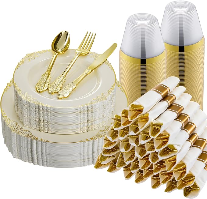 Bestluck 175PCS Ivory Disposable Dinnerware