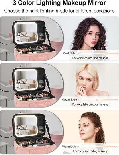 Chomeiu Makeup Bag with LED Mirror, Travel Cosmetic Train Case for Women, Makeup Artists Large Organizer Box with Vanity Light Up Mirror, 3 Color Lights, Adjustable Dividers & Shoulder Strap (Black)