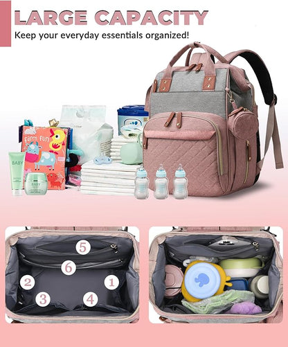 Diaper Bag with Changing Station, Waterproof 3 in 1 Baby Diaper Backpack with Foldable Changing Pad, Pink-Grey